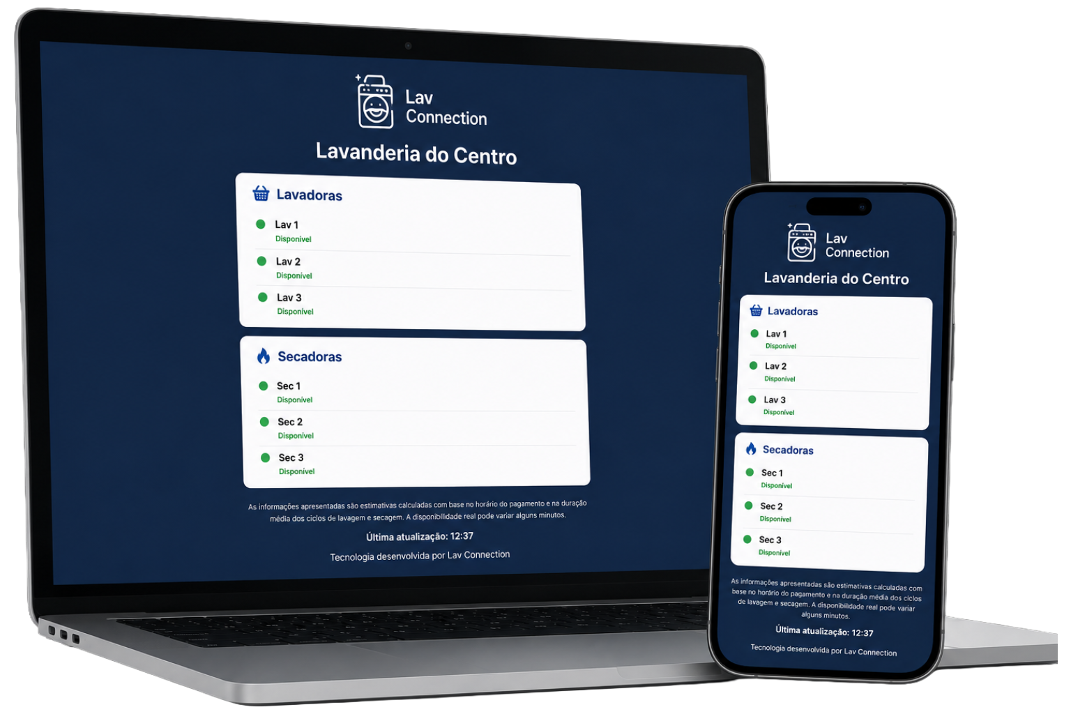 Tela de disponibilidade do Lav Connection em notebook e celular